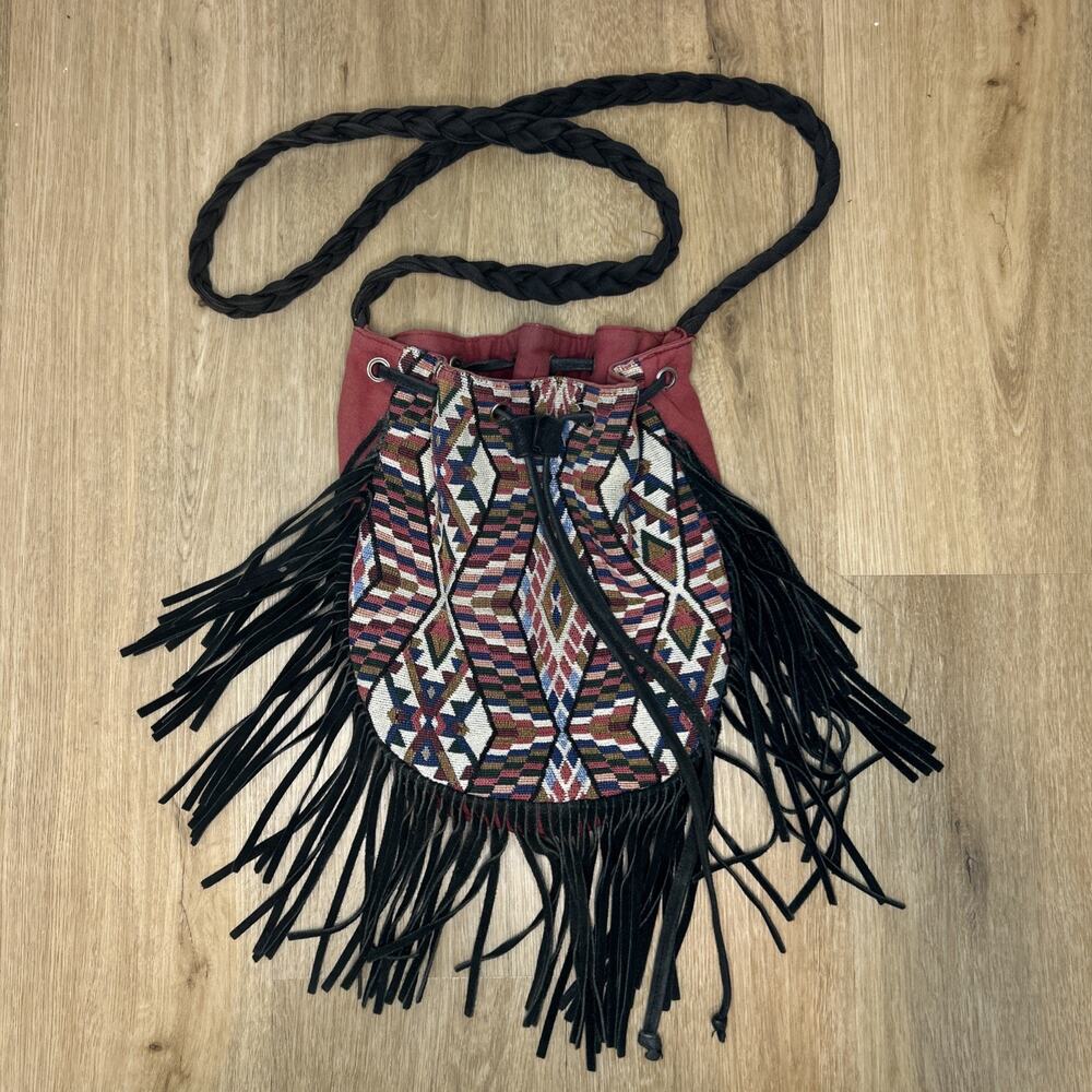 Boho Fringe Bucket Bag Southwestern Tapestry Crossbody Drawstring Purse